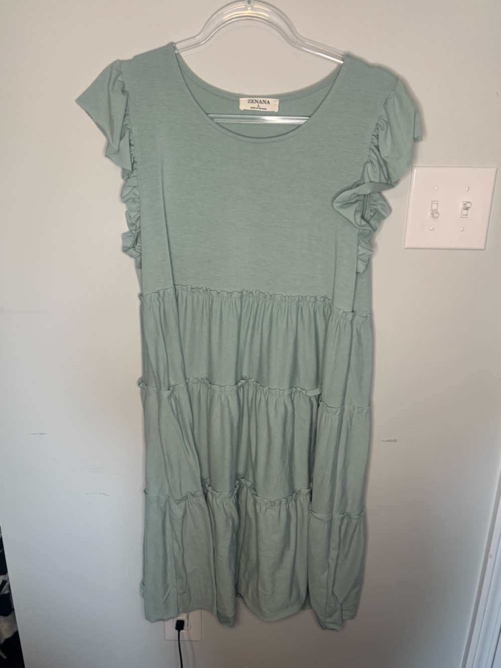 Zenana Outfitters Sage Green Tiered Ruffle Sleeve Dress